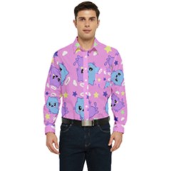 Seamless Pattern With Cute Kawaii Kittens Men s Long Sleeve Pocket Shirt 