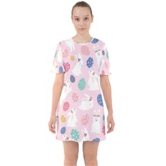 Cute Bunnies Easter Eggs Seamless Pattern Sixties Short Sleeve Mini Dress