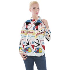 Seamless-pattern-vector-sailing-equipments-cartoon Women s Long Sleeve Pocket Shirt