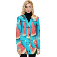 Watermelon Blue Background Button Up Hooded Coat 
