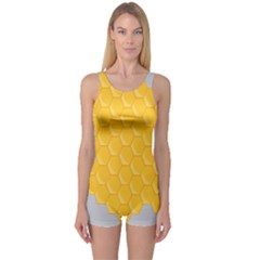 Hexagons Yellow Honeycomb Hive Bee Hive Pattern One Piece Boyleg Swimsuit by artworkshop