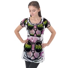 Black-cat-head Puff Sleeve Tunic Top