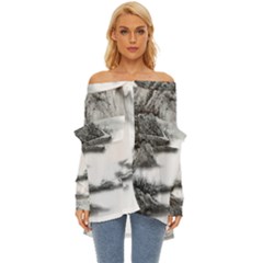 Ink-wash-painting-mountain-rolling-mountains Off Shoulder Chiffon Pocket Shirt