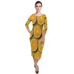 Oranges Slices  Pattern Quarter Sleeve Midi Velour Bodycon Dress