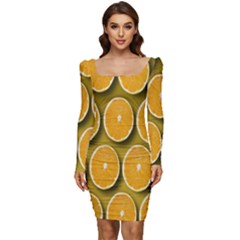 Oranges Slices  Pattern Women Long Sleeve Ruched Stretch Jersey Dress