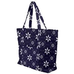 White Blue Floral Pattern Zip Up Canvas Bag by designsbymallika