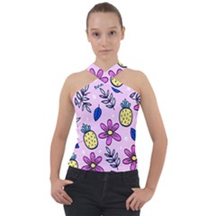 Flowers Purple Cross Neck Velour Top