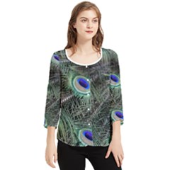 Plumage Peacock Feather Colorful Chiffon Quarter Sleeve Blouse