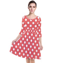 Polka-dots-red White,polkadot Quarter Sleeve Waist Band Dress