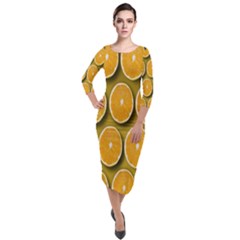 Orange Slices Cross Sections Pattern Quarter Sleeve Midi Velour Bodycon Dress