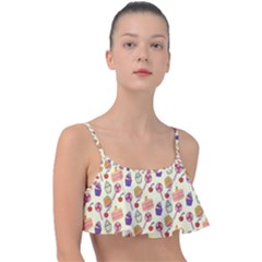 Food Illustration Cupcake Pattern Lollipop Frill Bikini Top