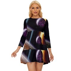Planets In Space Long Sleeve Babydoll Dress by Sapixe