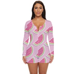 Pink Melon Wayermelon Pattern Food Fruit Melon Long Sleeve Boyleg Swimsuit