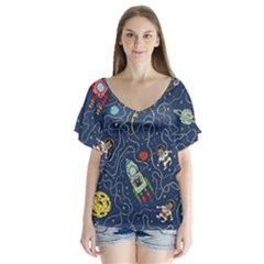 Illustration Cat Space Astronaut Rocket Maze V-neck Flutter Sleeve Top