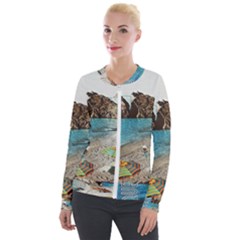 Beach Day At Cinque Terre, Colorful Italy Vintage Velvet Zip Up Jacket