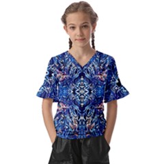 Cobalt Arabesque Kids  V-neck Horn Sleeve Blouse