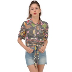 Illustration Shape Tribal Pattern Round Tie Front Shirt 
