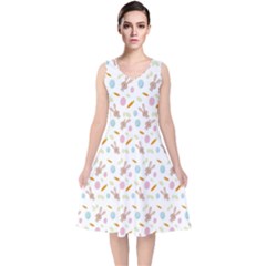 Easter Bunny Pattern Hare V-neck Midi Sleeveless Dress 
