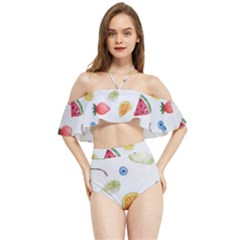 Fruit Summer Vitamin Watercolor Halter Flowy Bikini Set 