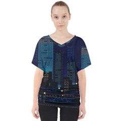 City Building Pixel Art Vaporwave V-neck Dolman Drape Top