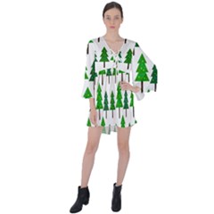 Chrismas Tree Greeen V-neck Flare Sleeve Mini Dress