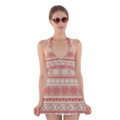 Christmas-pattern-background Halter Dress Swimsuit 