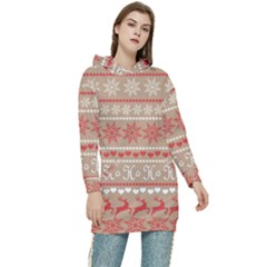Christmas-pattern-background Women s Long Oversized Pullover Hoodie