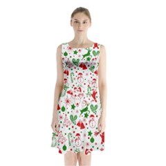 Christmas-seamless-green  Sleeveless Waist Tie Chiffon Dress