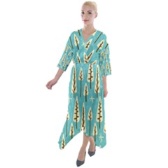 Vector-white-cartoon-trees-pattern Quarter Sleeve Wrap Front Maxi Dress