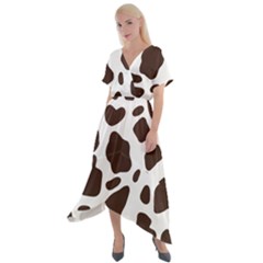 Cow Spots Brown White Cross Front Sharkbite Hem Maxi Dress