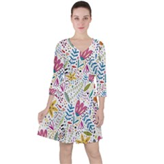 Flowers Quarter Sleeve Ruffle Waist Dress