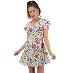 Flowers Flutter Sleeve Wrap Dress