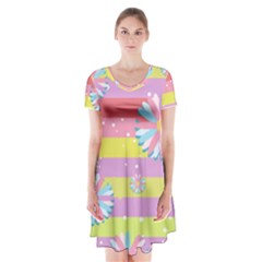 Flowers-024 Short Sleeve V-neck Flare Dress
