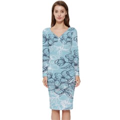 Flowers-25 Long Sleeve V-neck Bodycon Dress 