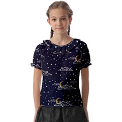 Hand Drawn Scratch Style Night Sky With Moon Cloud Space Among Stars Seamless Pattern Vector Design Kids  Frill Chiffon Blouse