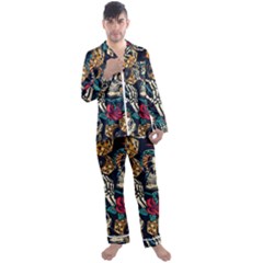 Vintage Art Tattoos Colorful Seamless Pattern Men s Long Sleeve Satin Pajamas Set