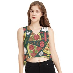 Vector Seamless Pizza Slice Pattern Hand Drawn Pizza Illustration Great Pizzeria Menu Background V-neck Cropped Tank Top