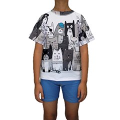 Cute Cat Hand Drawn Cartoon Style Kids  Short Sleeve Swimwear