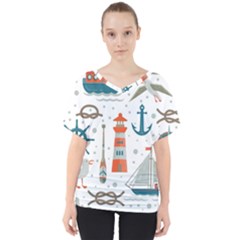 Nautical-elements-pattern-background V-neck Dolman Drape Top