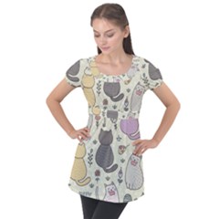 Funny Cartoon Cats Seamless Pattern Puff Sleeve Tunic Top