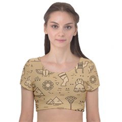 Egyptian-seamless-pattern-symbols-landmarks-signs-egypt Velvet Short Sleeve Crop Top 