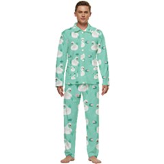 Elegant Swan Seamless Pattern Men s Long Sleeve Velvet Pocket Pajamas Set