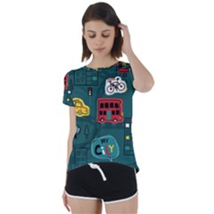 Seamless-pattern-hand-drawn-with-vehicles-buildings-road Short Sleeve Foldover Tee
