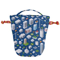Isometric-seamless-pattern-megapolis Drawstring Bucket Bag