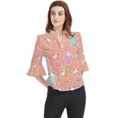 Cute Kawaii Kittens Seamless Pattern Loose Horn Sleeve Chiffon Blouse