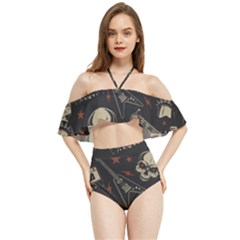 Grunge Seamless Pattern With Skulls Halter Flowy Bikini Set 