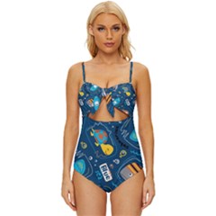 Seamless Pattern Vector Submarine With Sea Animals Cartoon Knot Front One-piece Swimsuit