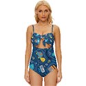 Seamless Pattern Vector Submarine With Sea Animals Cartoon Knot Front One-Piece Swimsuit View1