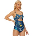 Seamless Pattern Vector Submarine With Sea Animals Cartoon Knot Front One-Piece Swimsuit View3