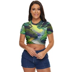 Landscape Illustration Nature Painting Side Button Cropped Tee